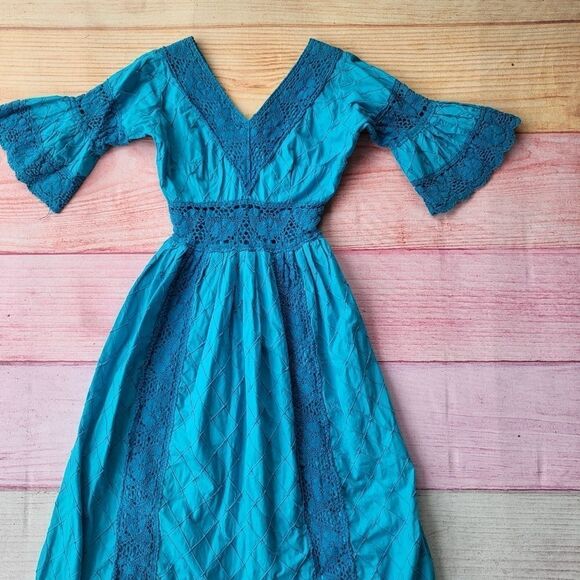 Vintage Turquoise Mexican Bell Sleeve Crochet Trim Maxi Boho Dress XS/S - Picture 4 of 7